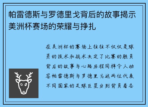 帕雷德斯与罗德里戈背后的故事揭示美洲杯赛场的荣耀与挣扎 帕雷德斯与罗德里戈背后的故事揭示美洲杯赛场的荣耀与挣扎